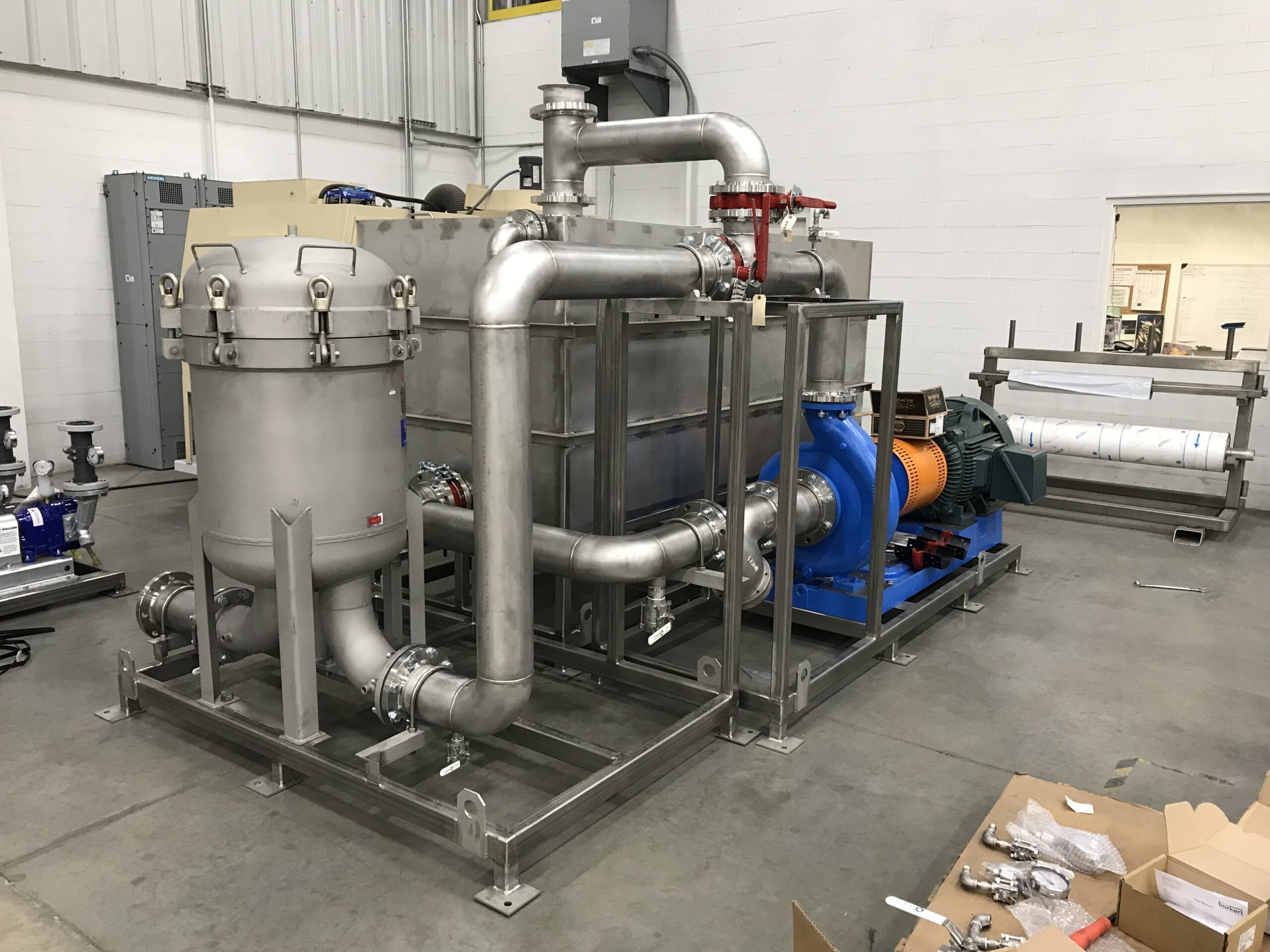 Turnkey stainless water filtration assembly, fully fabricated and integrated.